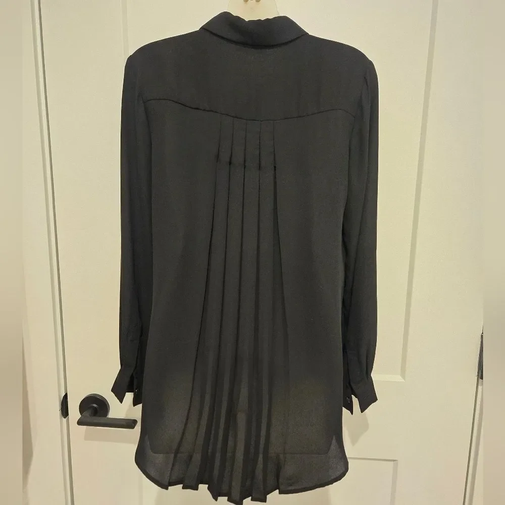 Pleione High Low Black Long Sleeve Button Up Blouse With Back Pleated Detail - Picture 4 of 10